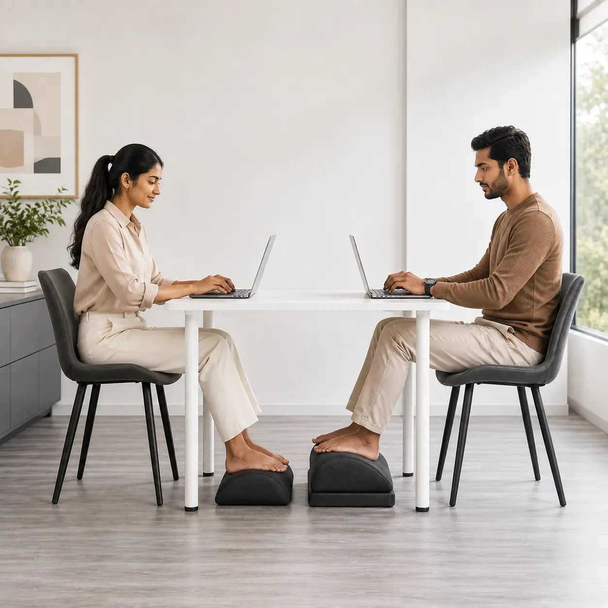 Curved footrest used barefoot at a shared desk