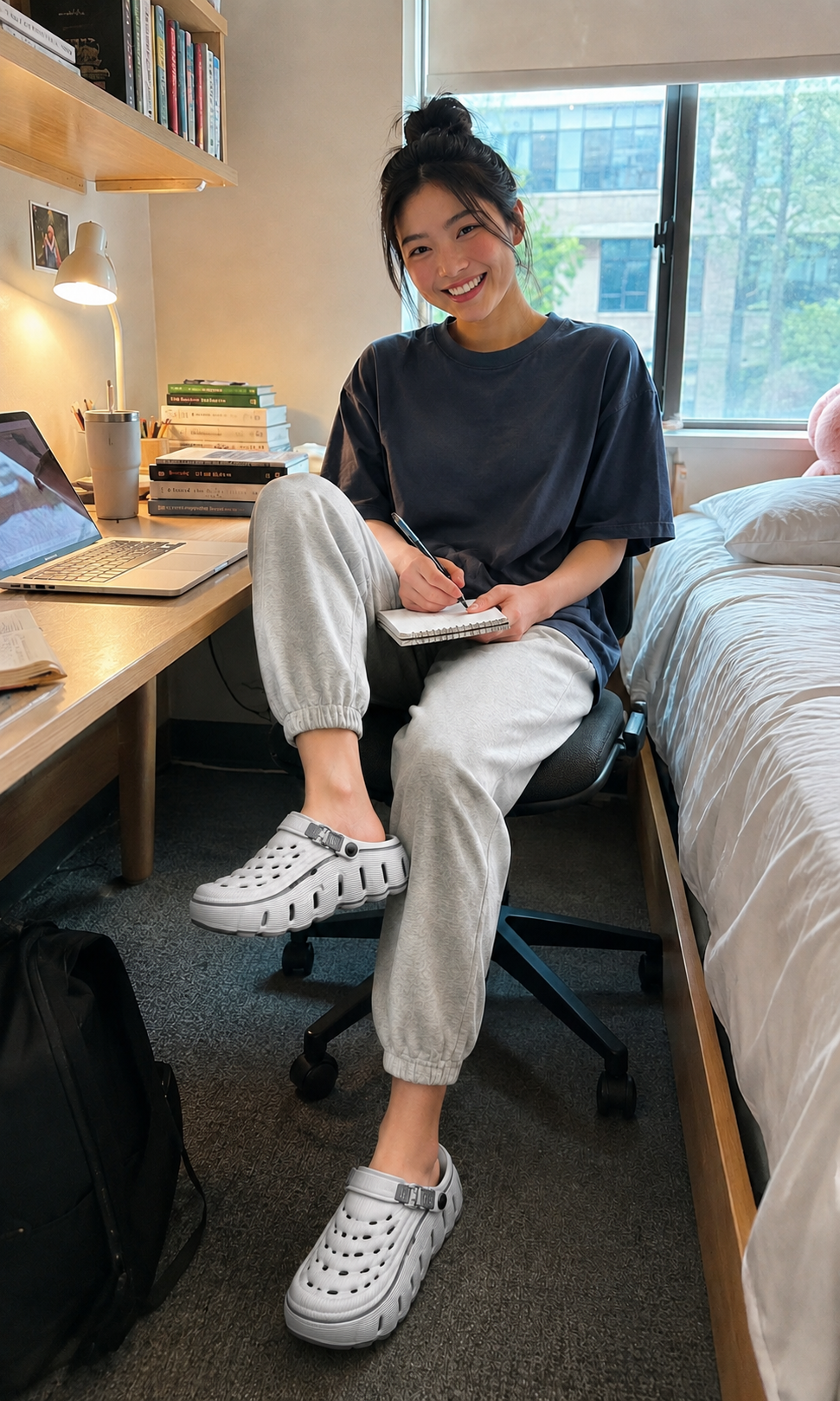 Student wearing the Cloud Recovery Slippers at her desk