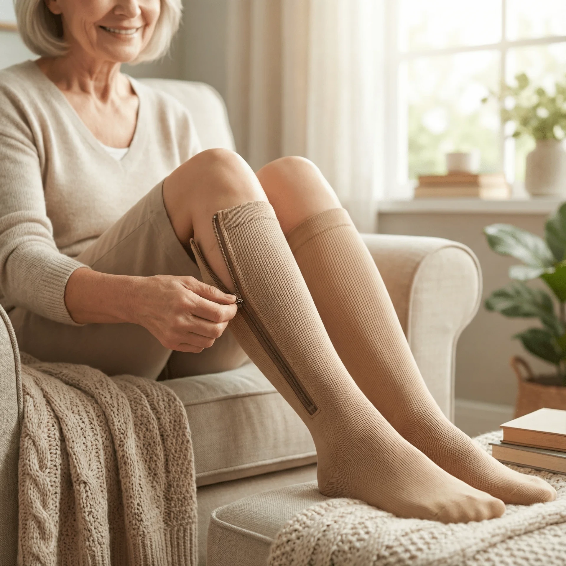 Easy Zip Compression Socks being zipped on at home