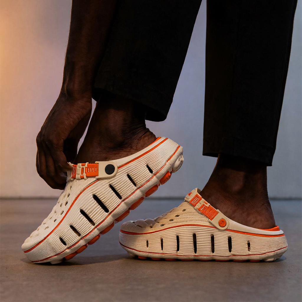 Cream and orange pair worn indoors