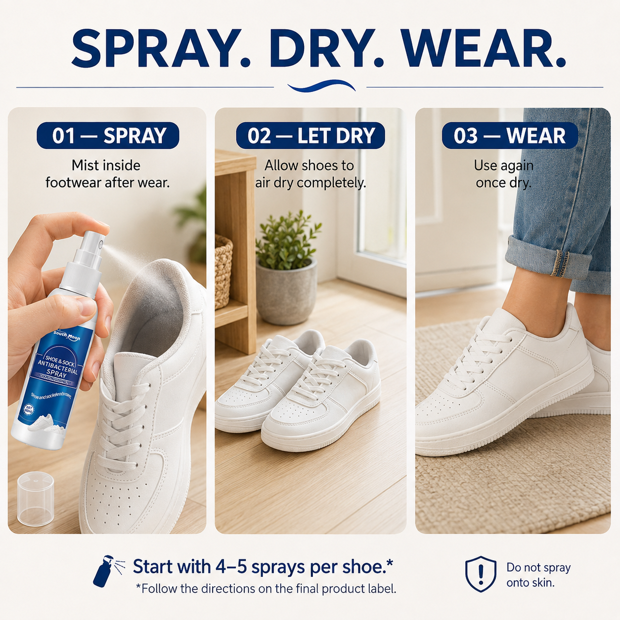 How to use Shoe Reset™: spray, dry, wear