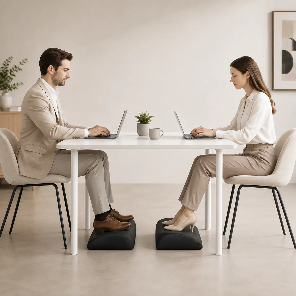 Curved footrest used with shoes at the office