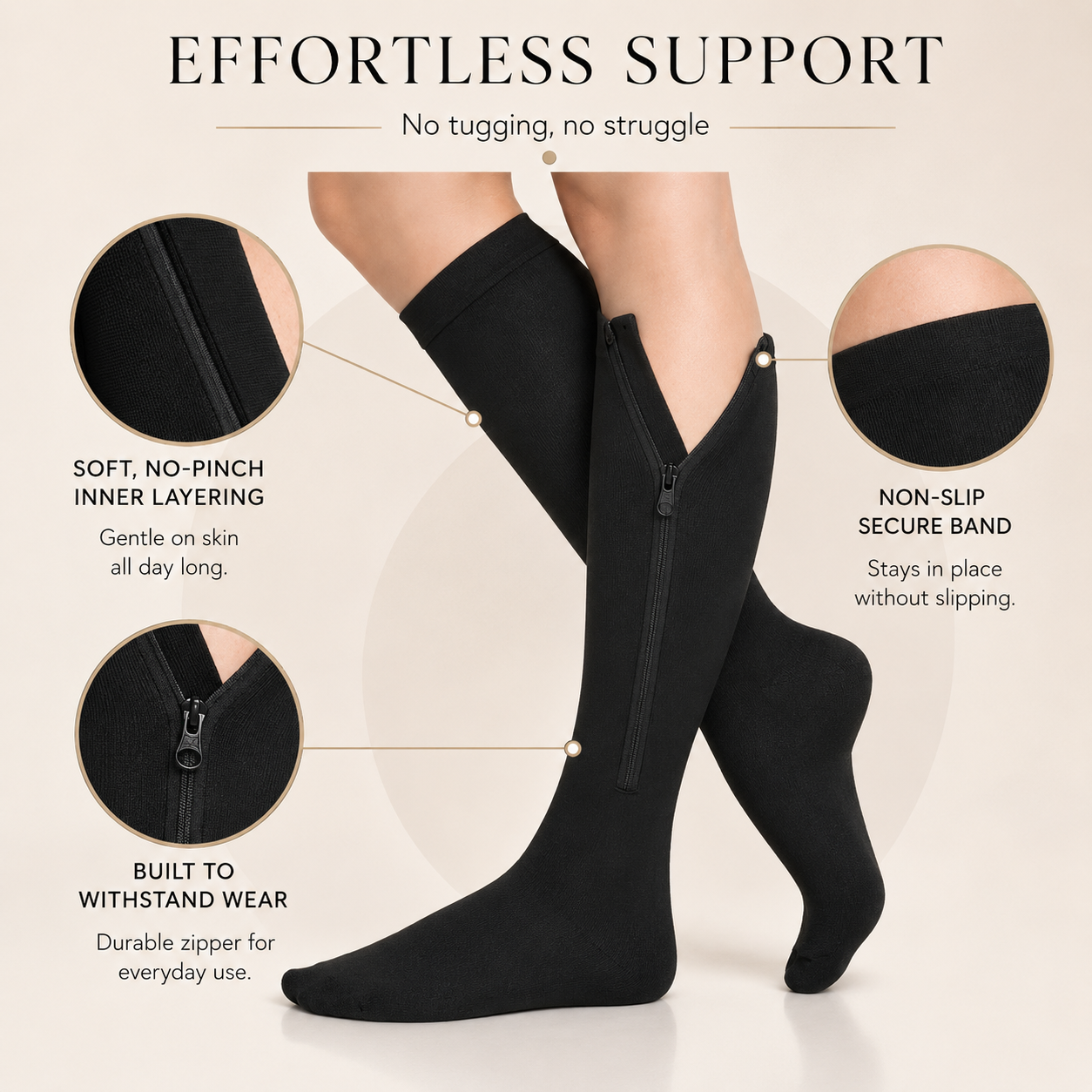 Effortless support: no-pinch layering, non-slip band, durable zipper