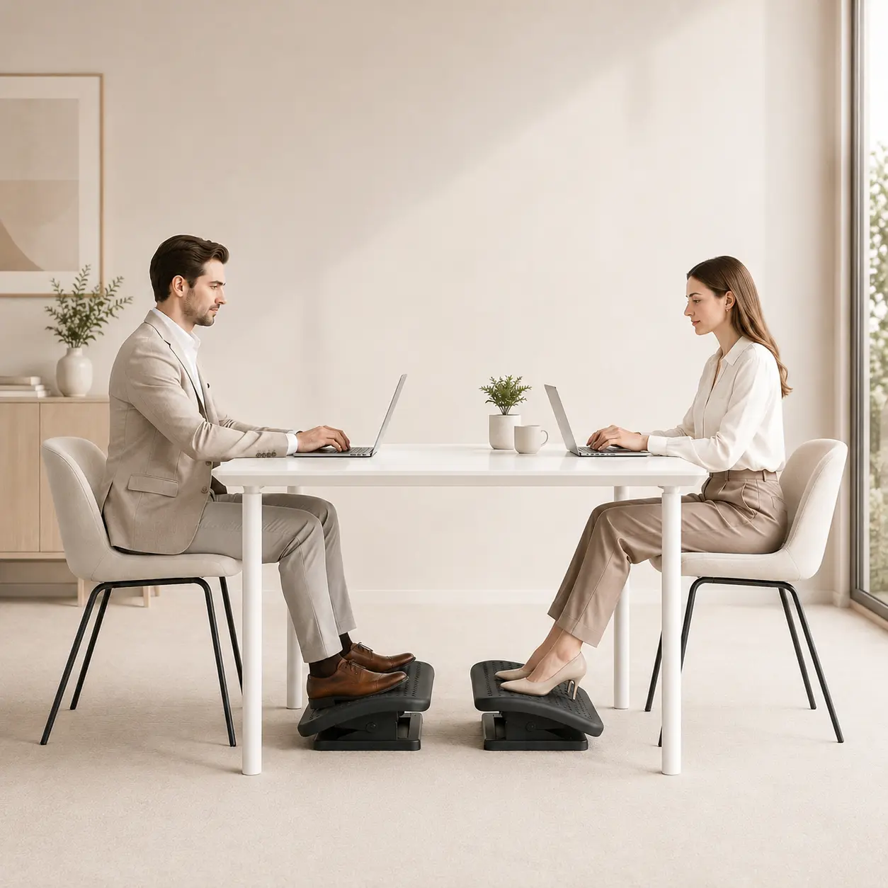 Two colleagues at a desk resting their feet on the ergonomic footrest