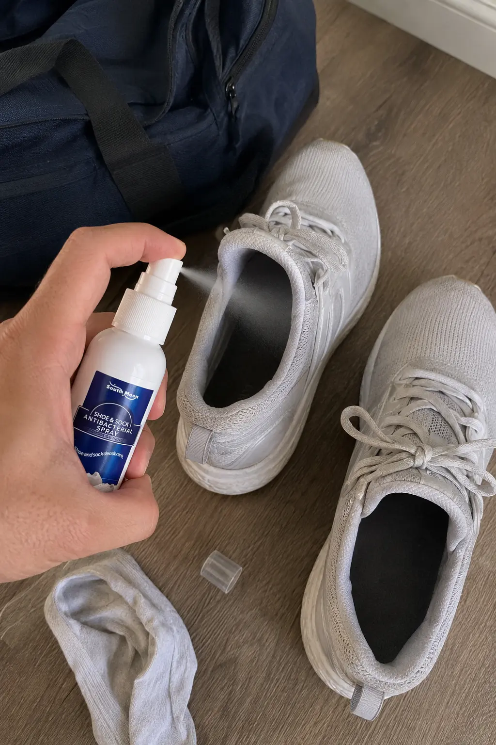 Spraying Shoe Reset inside a sneaker