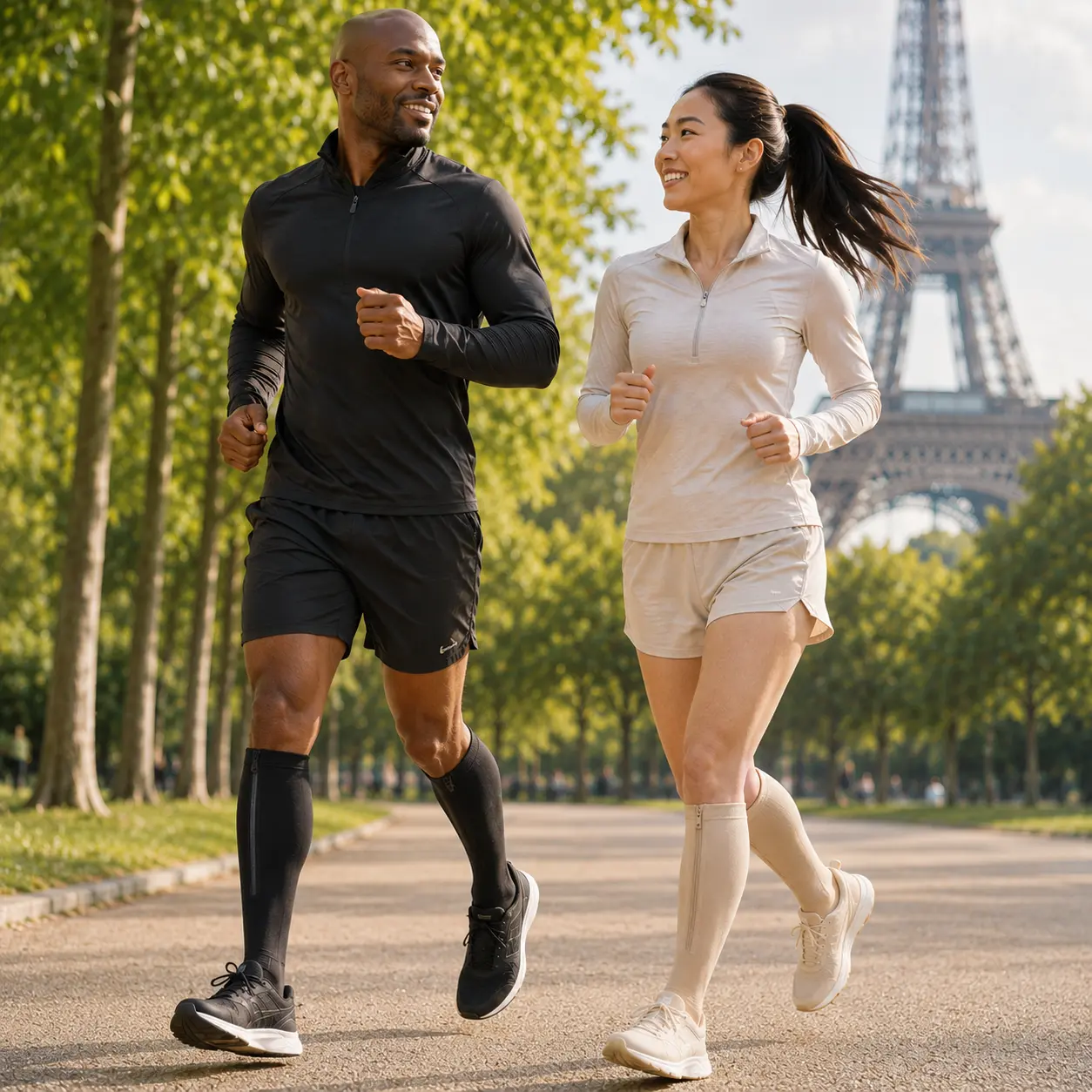 Runners wearing Easy-Zip compression socks outdoors