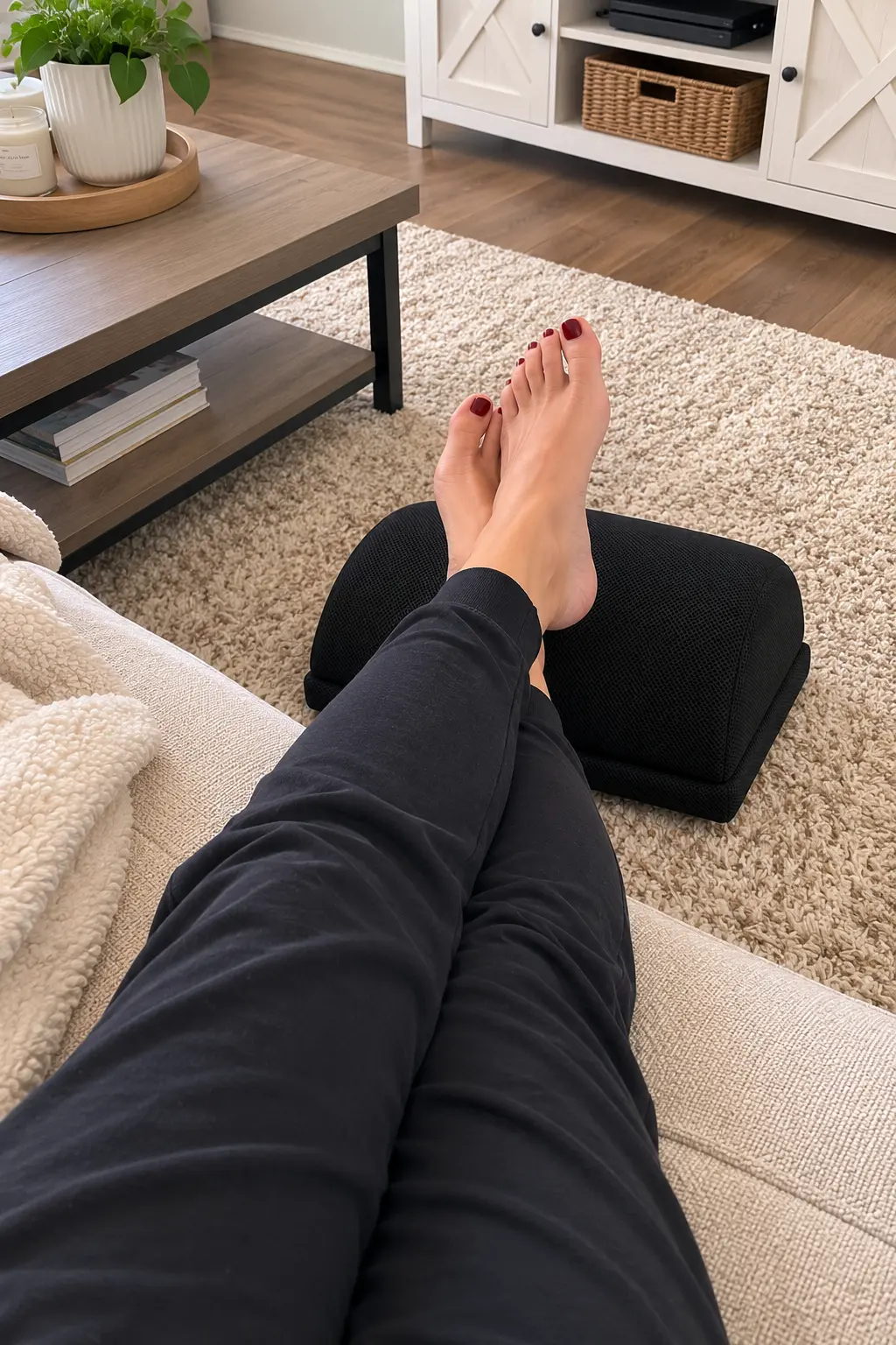 Legs relaxing on the Curved Comfort Footrest in a living room
