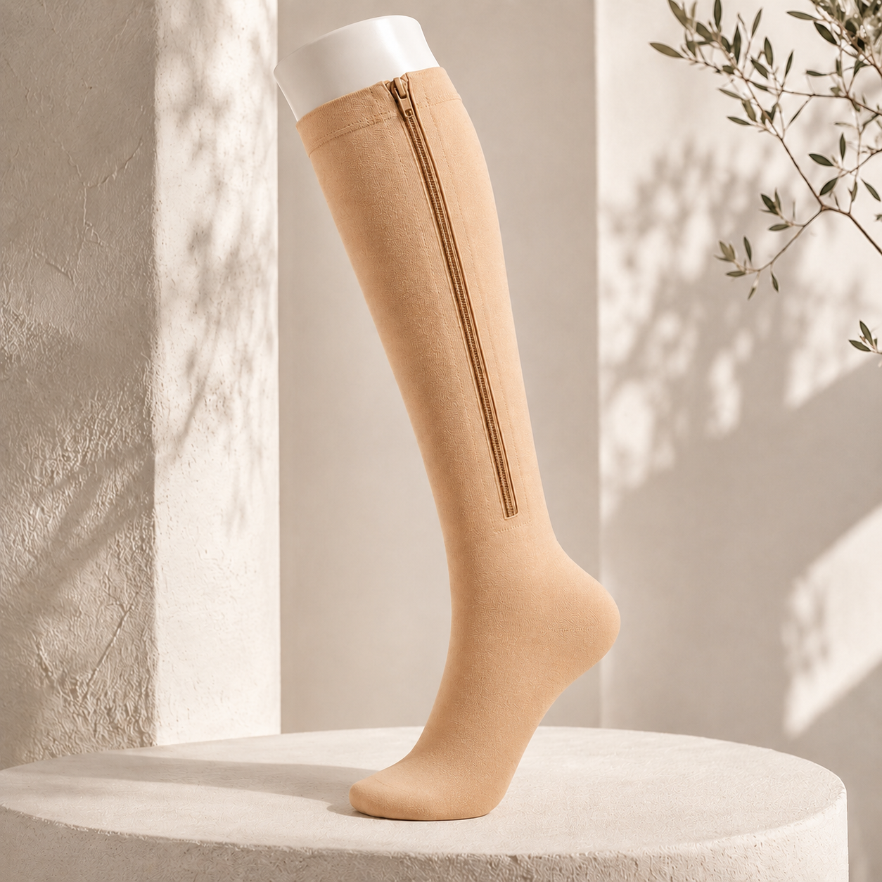 Beige Easy-Zip compression sock on display