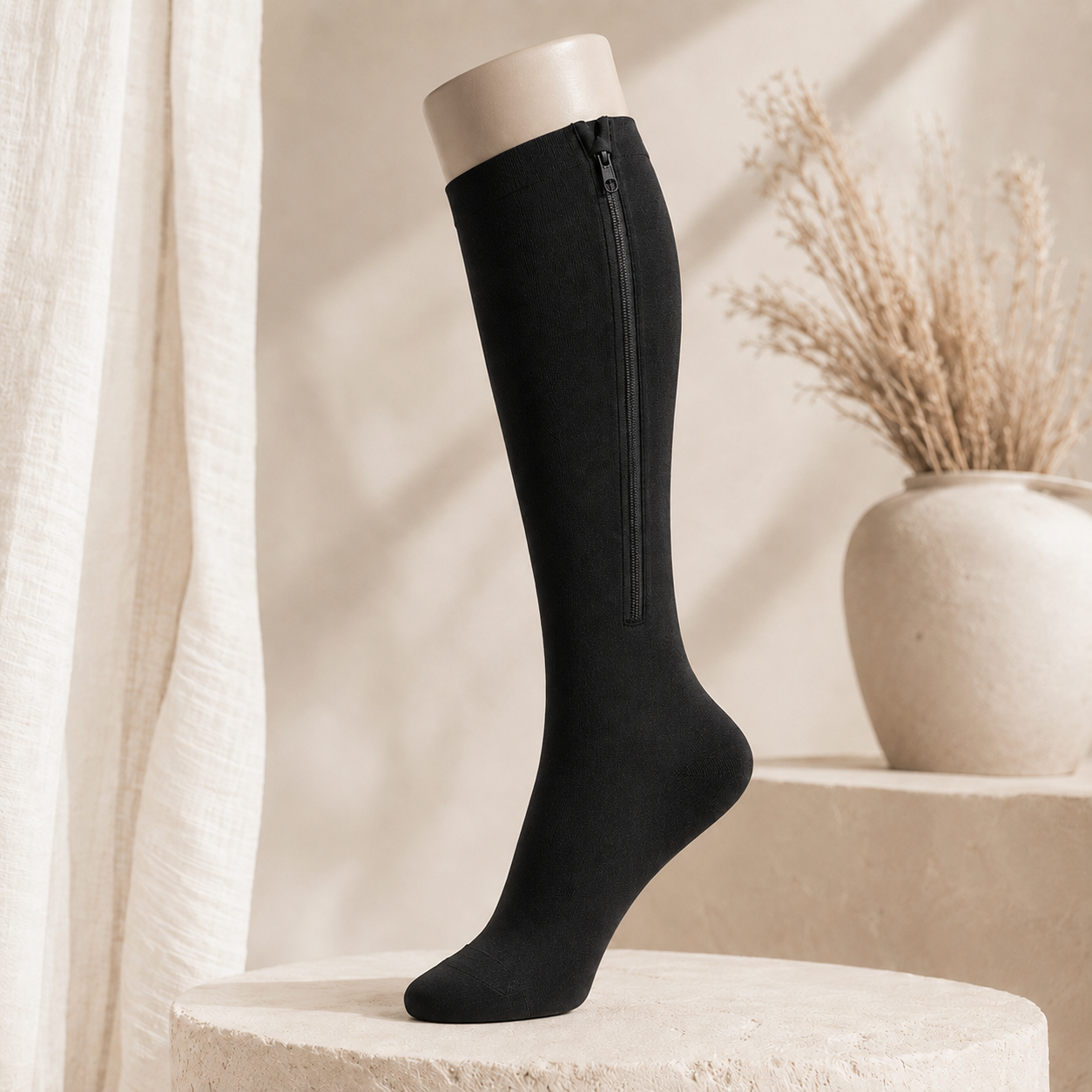 Black Easy-Zip compression sock, side zipper detail