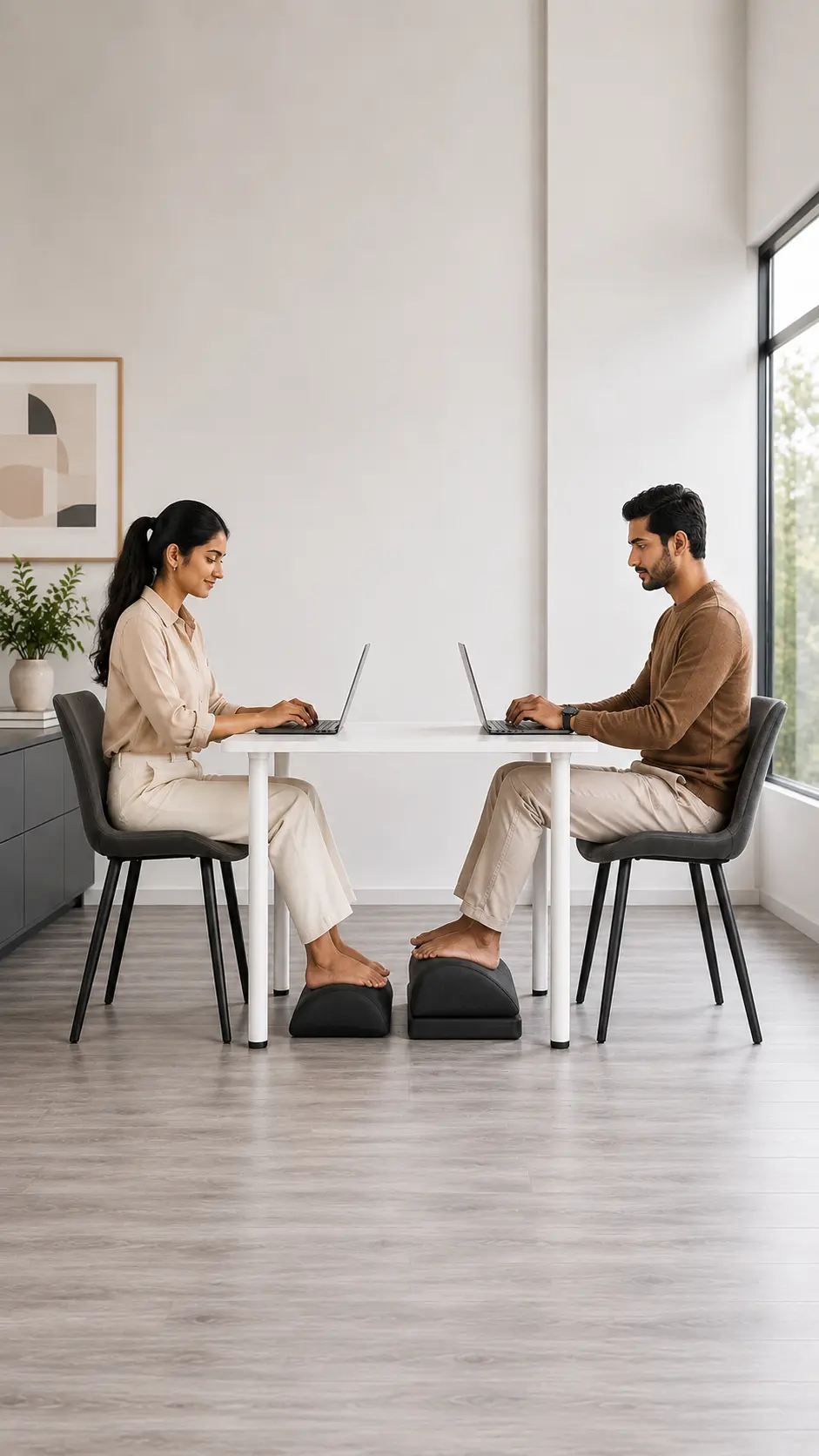 Barefoot on the Curved Comfort Footrest at a desk