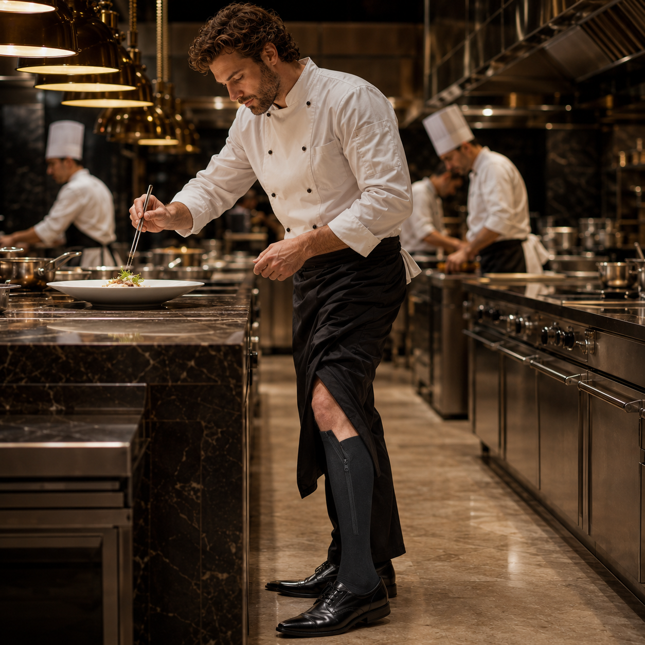 Chef wearing Easy-Zip socks during a long shift