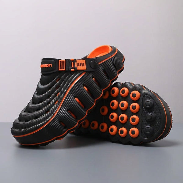 Black and orange ventilated slippers